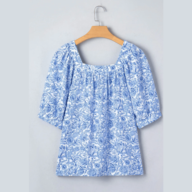 Irina Sky Blue Square Neck Short Puff Sleeve Pleated Floral Blouse