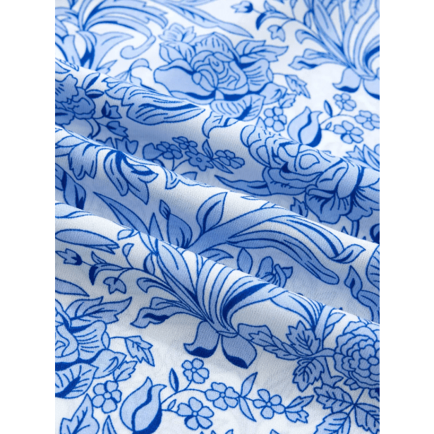 Irina Sky Blue Square Neck Short Puff Sleeve Pleated Floral Blouse