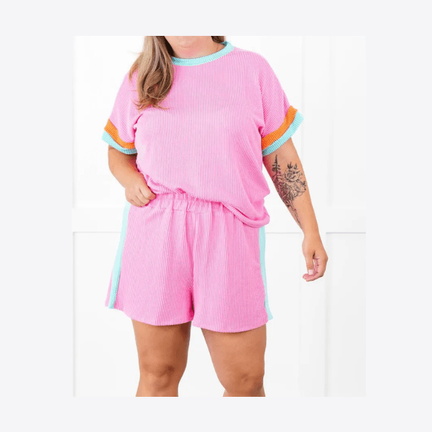 Breigh Pink Plus Size Color Block Corded Knit Tee and Shorts Set – MCM ...