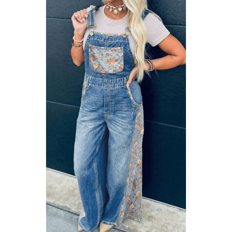 Danette Peacock Blue Floral Patchwork Bib Denim Wide Leg Overalls