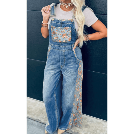 Danette Peacock Blue Floral Patchwork Bib Denim Wide Leg Overalls