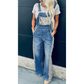 Danette Peacock Blue Floral Patchwork Bib Denim Wide Leg Overalls