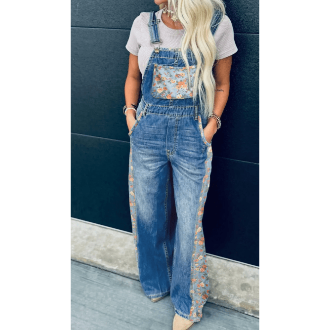 Danette Peacock Blue Floral Patchwork Bib Denim Wide Leg Overalls
