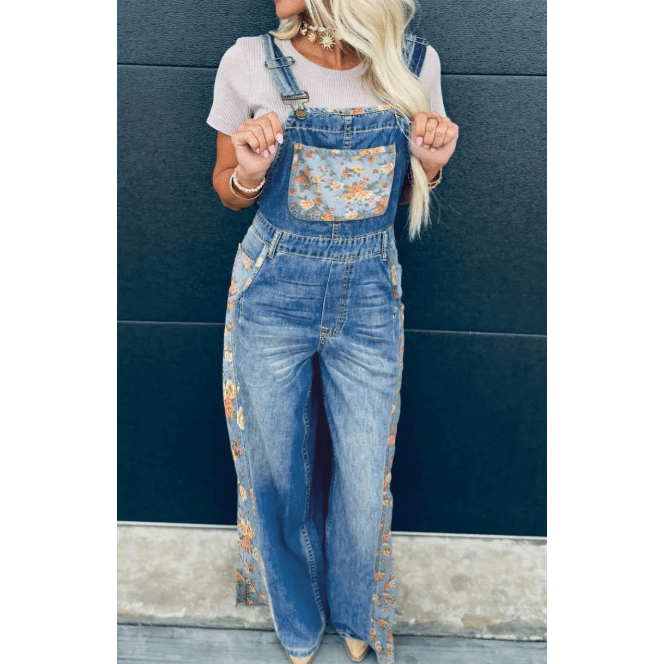 Danette Peacock Blue Floral Patchwork Bib Denim Wide Leg Overalls