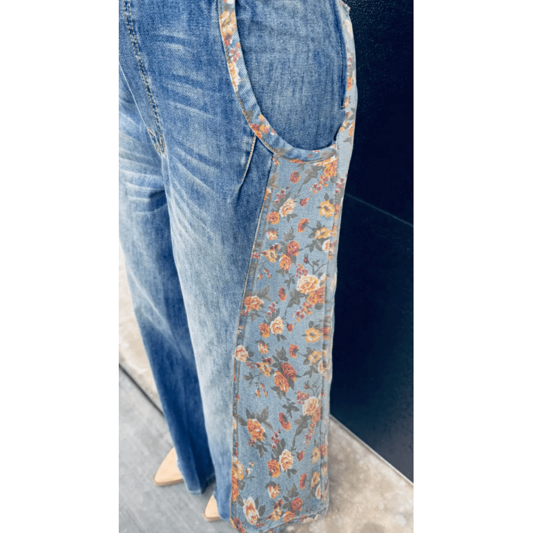 Danette Peacock Blue Floral Patchwork Bib Denim Wide Leg Overalls
