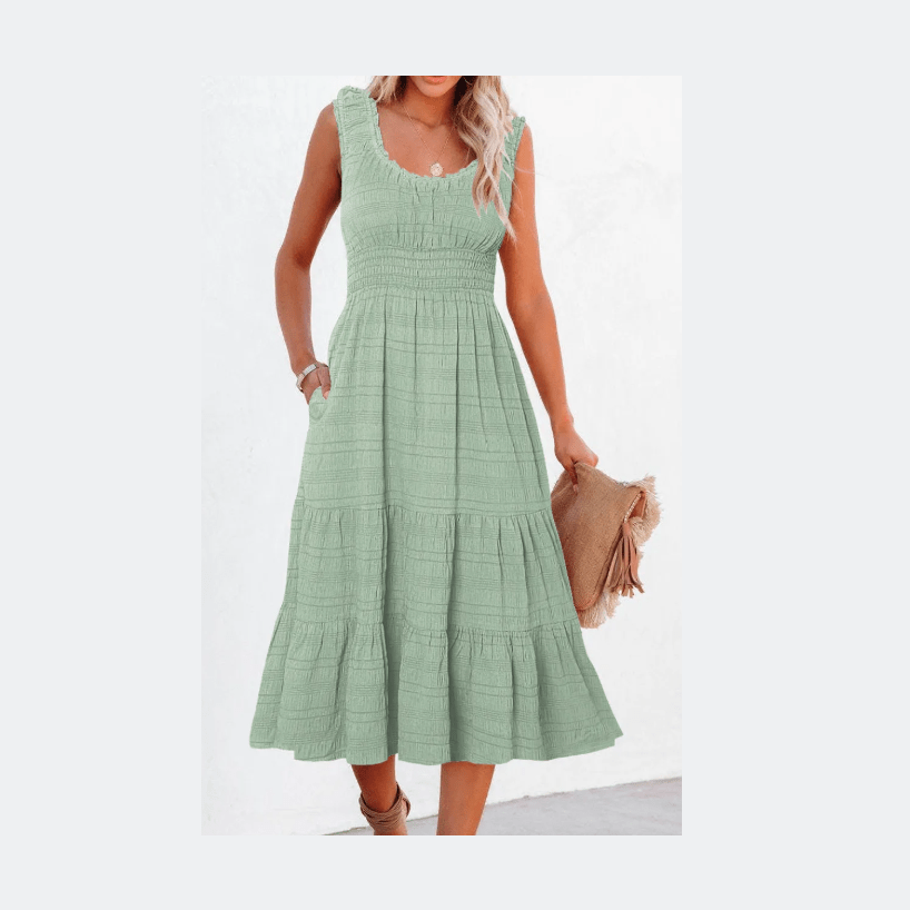 RTS Green Shirred Pleated Square Neck Sleeveless Midi Dress