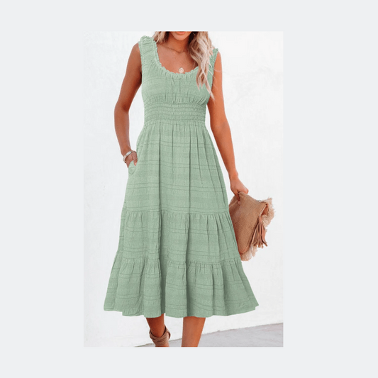 RTS Green Shirred Pleated Square Neck Sleeveless Midi Dress