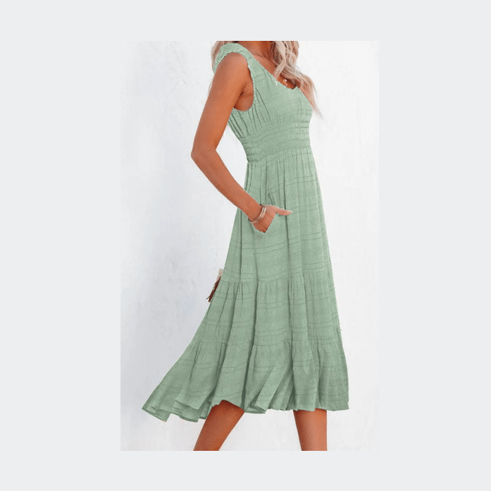 RTS Green Shirred Pleated Square Neck Sleeveless Midi Dress