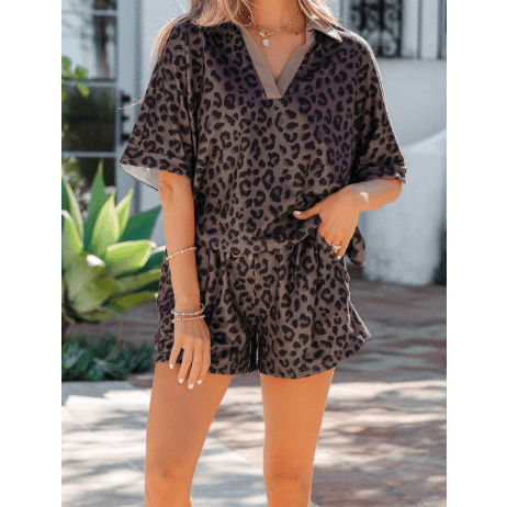 Loray Brown V Neck Collar Leopard Printed 2pcs Short Set