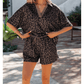 Loray Brown V Neck Collar Leopard Printed 2pcs Short Set