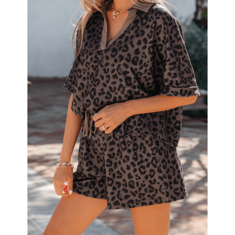 Loray Brown V Neck Collar Leopard Printed 2pcs Short Set