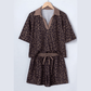 Loray Brown V Neck Collar Leopard Printed 2pcs Short Set