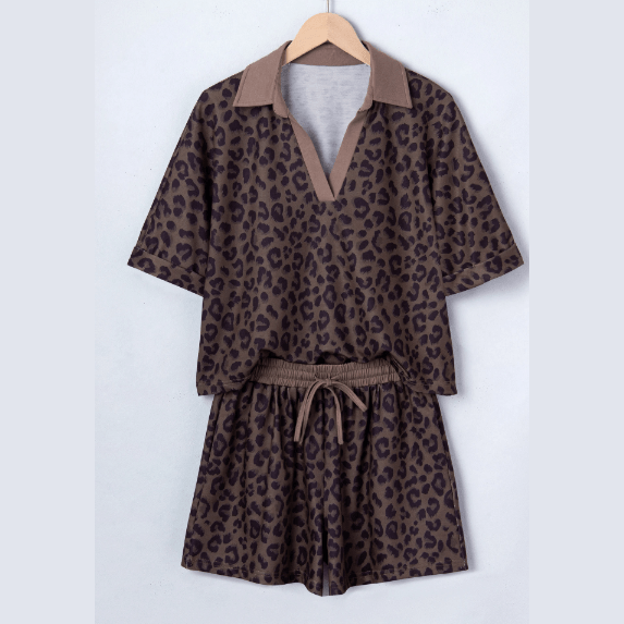 Loray Brown V Neck Collar Leopard Printed 2pcs Short Set