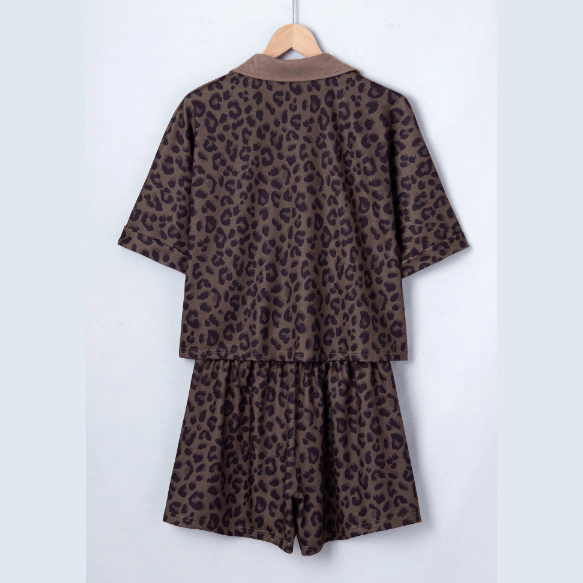 Loray Brown V Neck Collar Leopard Printed 2pcs Short Set