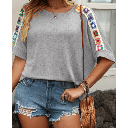 Cali Light Grey Granny Square Crochet Detail Loose T Shirt