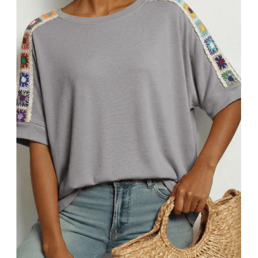 Cali Light Grey Granny Square Crochet Detail Loose T Shirt