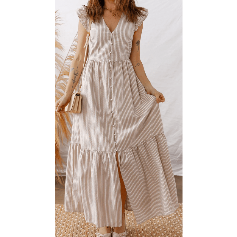 JoDee Khaki Stripe Flutter Sleeve Buttoned Front Slit Maxi Dress