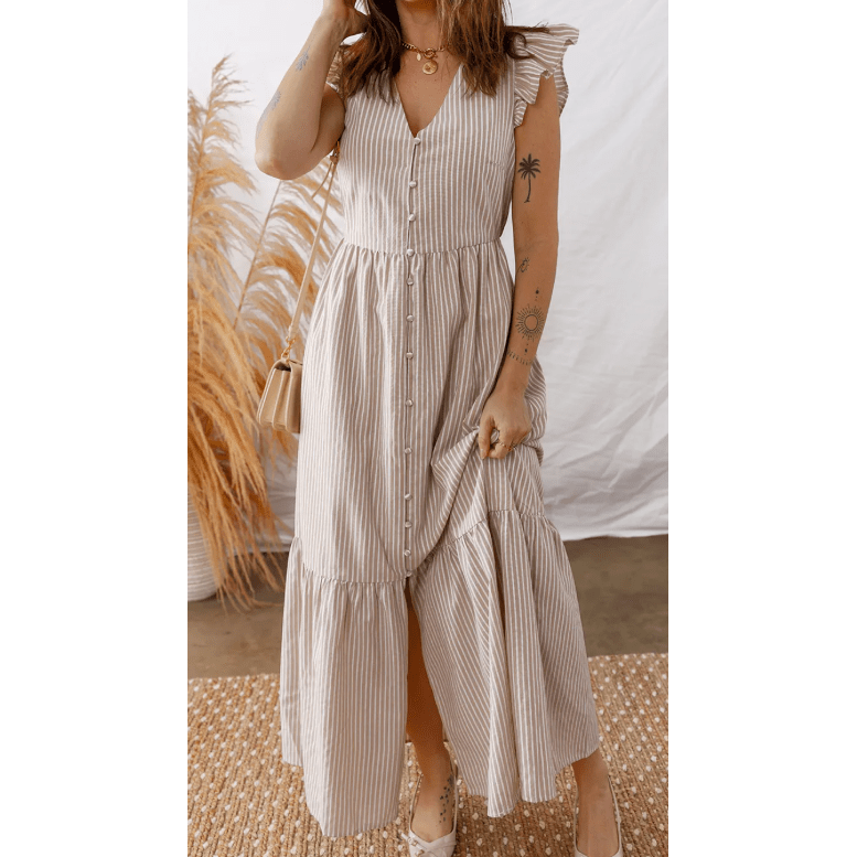JoDee Khaki Stripe Flutter Sleeve Buttoned Front Slit Maxi Dress
