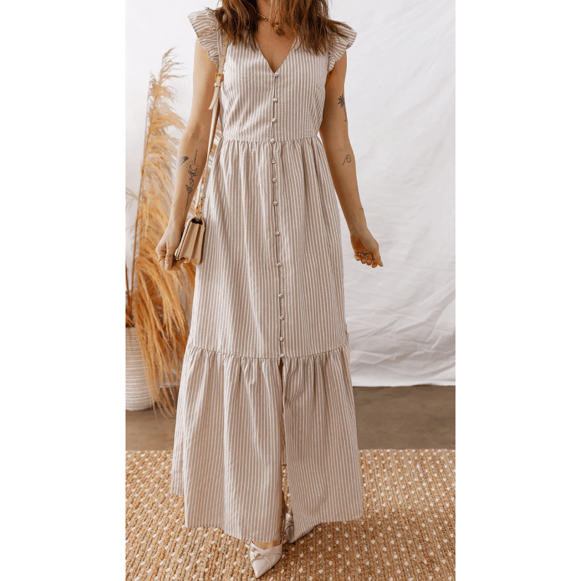 JoDee Khaki Stripe Flutter Sleeve Buttoned Front Slit Maxi Dress
