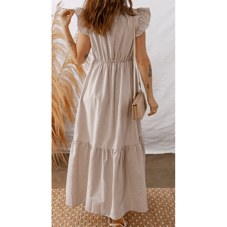 JoDee Khaki Stripe Flutter Sleeve Buttoned Front Slit Maxi Dress