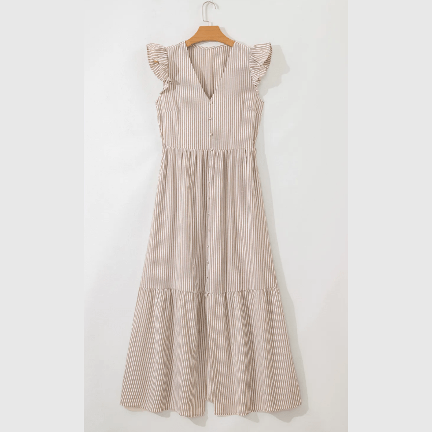 JoDee Khaki Stripe Flutter Sleeve Buttoned Front Slit Maxi Dress