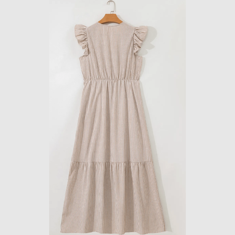 JoDee Khaki Stripe Flutter Sleeve Buttoned Front Slit Maxi Dress