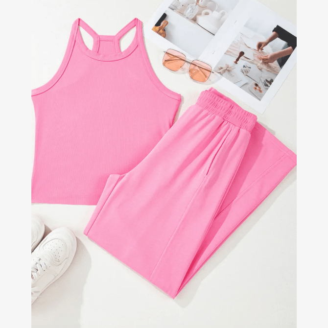 Estella Pink Slim Ribbed Tank Top and Sweatpants Set