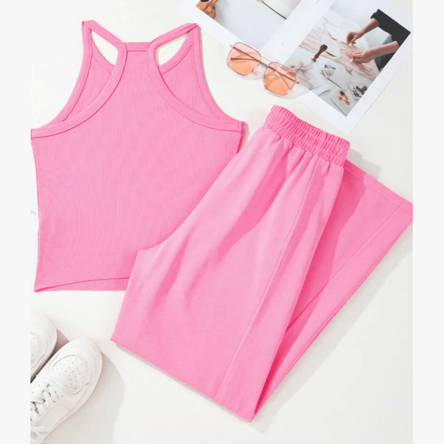 Estella Pink Slim Ribbed Tank Top and Sweatpants Set