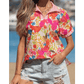 Kinley Striped Trim Collared V Neck Short Sleeve Floral Print Blouse