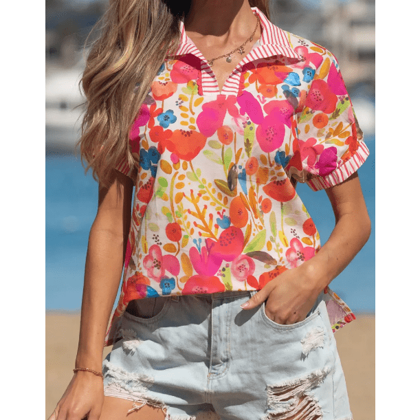 Kinley Striped Trim Collared V Neck Short Sleeve Floral Print Blouse
