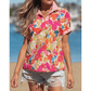 Kinley Striped Trim Collared V Neck Short Sleeve Floral Print Blouse