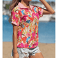 Kinley Striped Trim Collared V Neck Short Sleeve Floral Print Blouse