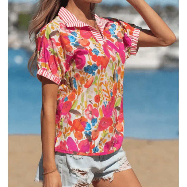 Kinley Striped Trim Collared V Neck Short Sleeve Floral Print Blouse