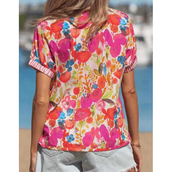 Kinley Striped Trim Collared V Neck Short Sleeve Floral Print Blouse