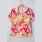 Kinley Striped Trim Collared V Neck Short Sleeve Floral Print Blouse