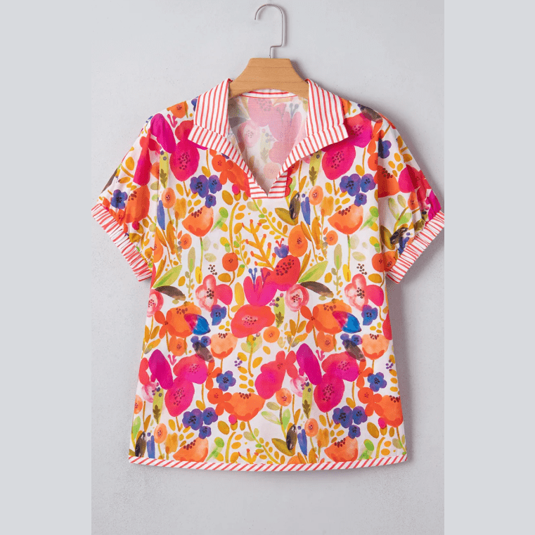 Kinley Striped Trim Collared V Neck Short Sleeve Floral Print Blouse
