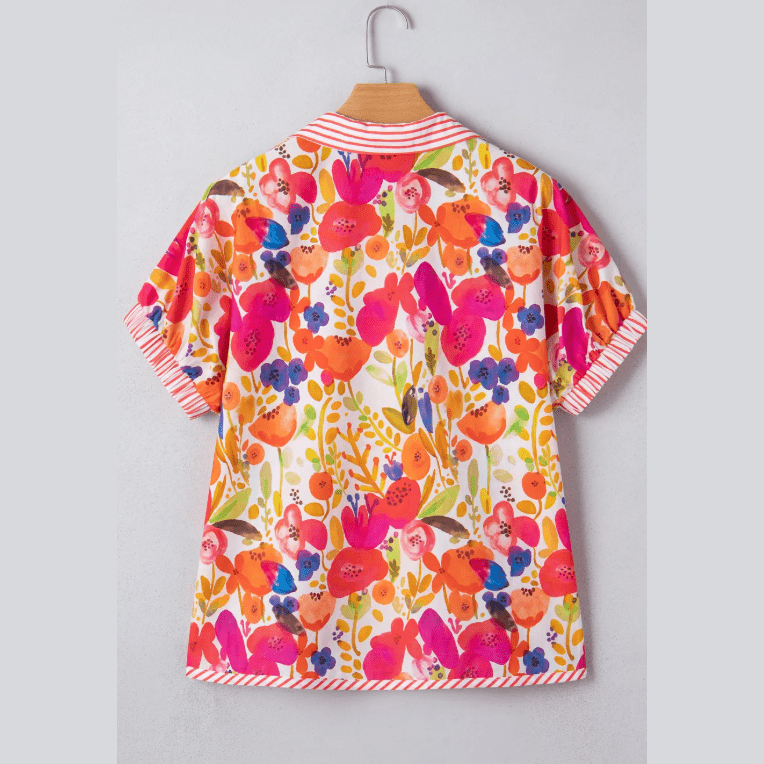 Kinley Striped Trim Collared V Neck Short Sleeve Floral Print Blouse