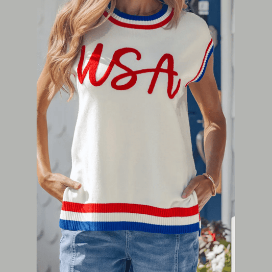 White USA Contrast Striped Trim Round Neck Short Sleeve Sweater