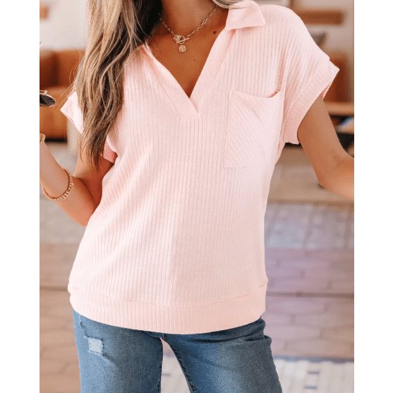 Shiloh Light Pink Collared V Neck Ribbed Tee