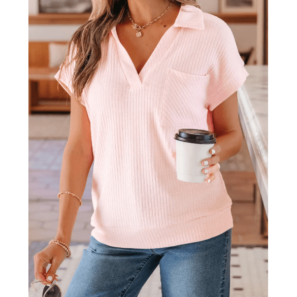 Shiloh Light Pink Collared V Neck Ribbed Tee