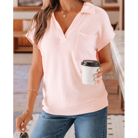 Shiloh Light Pink Collared V Neck Ribbed Tee