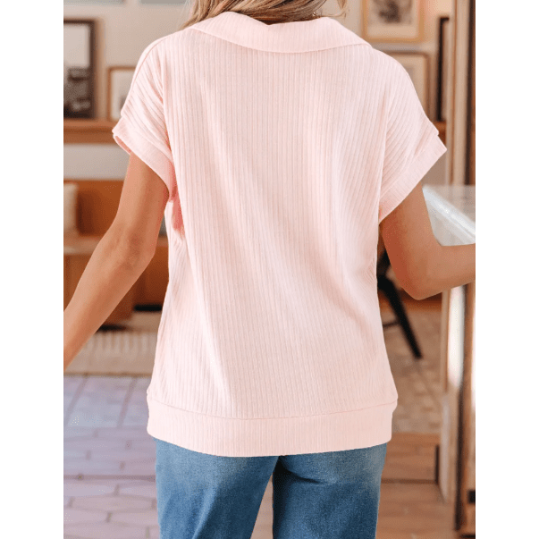Shiloh Light Pink Collared V Neck Ribbed Tee