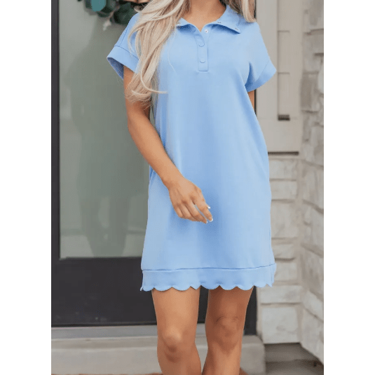 Pammy Beau Blue Snap Button Polo Collar Short Sleeve Scallop Hem Mini Dress