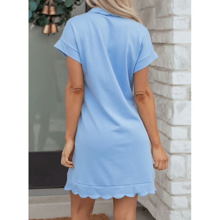 Pammy Beau Blue Snap Button Polo Collar Short Sleeve Scallop Hem Mini Dress