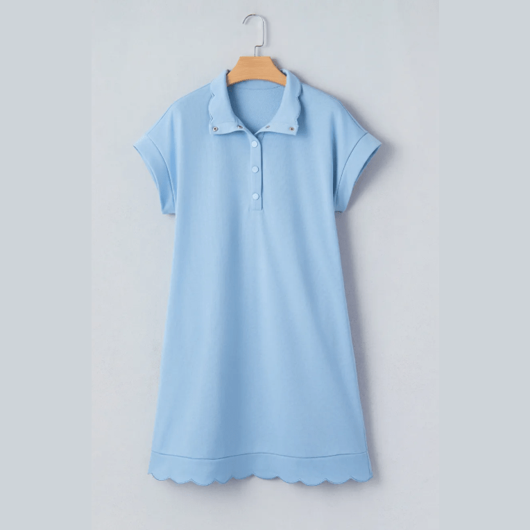 Pammy Beau Blue Snap Button Polo Collar Short Sleeve Scallop Hem Mini Dress