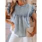 Maggie Beau Blue Ruffle Pleated Detail Vintage Washed Denim Top
