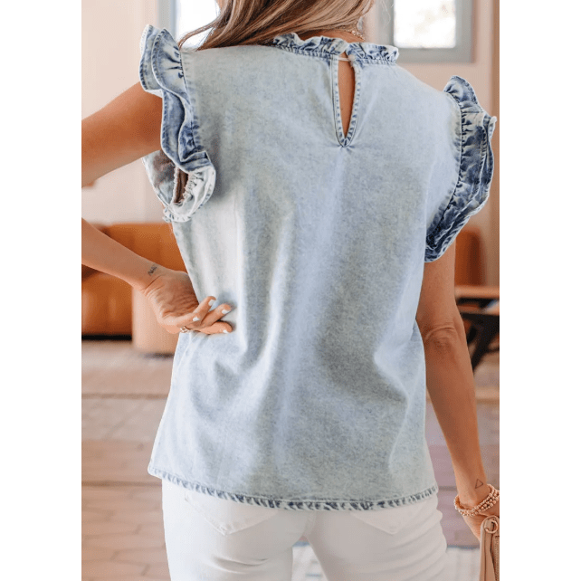 Maggie Beau Blue Ruffle Pleated Detail Vintage Washed Denim Top