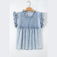 Maggie Beau Blue Ruffle Pleated Detail Vintage Washed Denim Top
