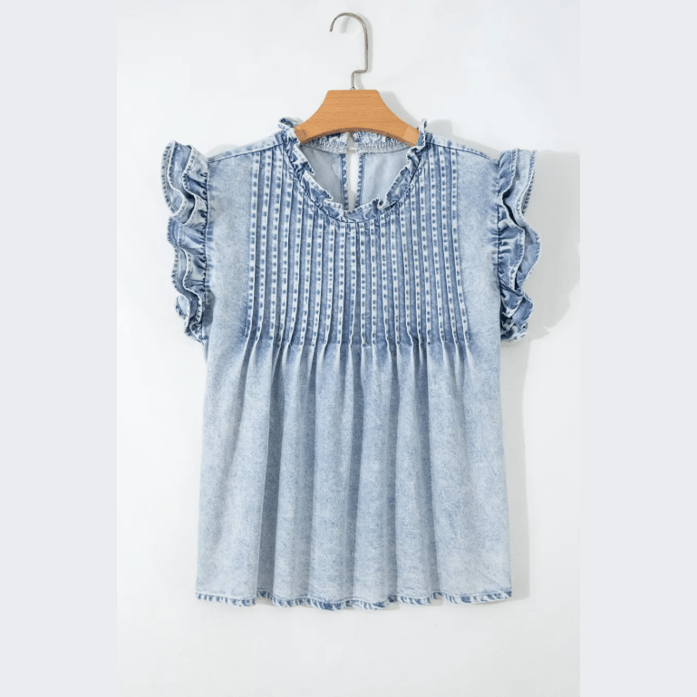 Maggie Beau Blue Ruffle Pleated Detail Vintage Washed Denim Top