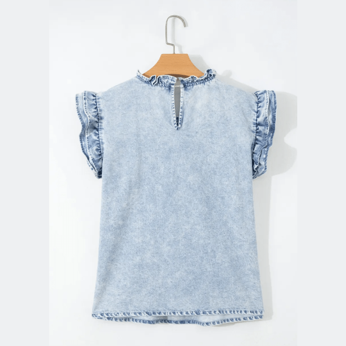 Maggie Beau Blue Ruffle Pleated Detail Vintage Washed Denim Top
